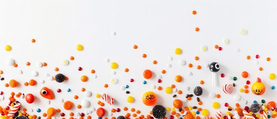 Halloween border with scattered candy and festive decor Halloween border, scattered candy, festive decorations