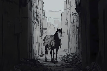 Fototapeta premium A lone horse stands in a tattered, desolate alleyway surrounded by ruins and debris, picturing solitude and abandonment in a forsaken urban setting.