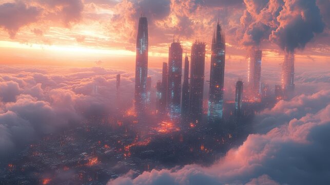 futuristic megacity skyline at sunrise iridescent skyscrapers with bioinspired architecture hovering transport pods holographic clouds