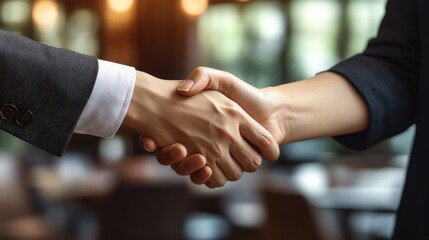 Two individuals engage in a firm handshake, signifying trust and agreement