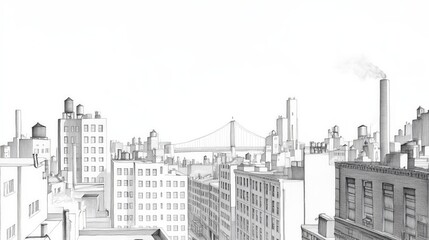 Bleistiftzeichnung einer Stadtskyline mit Brücke: urbaner Druck für modernes Dekor