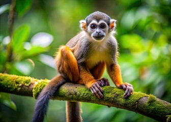 Obraz premium A cute, furry primate with a long tail and agile hands, sitting on a tree branch, looking curious and playful in a lush jungle environment.