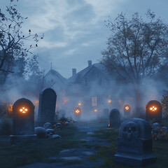 Halloween at home. Halloween pumpkin and skeleton for decorated house. Scary Decorated at front yard of a American home. Trick or treat. Halloween background. Autumn holiday of Halloween.