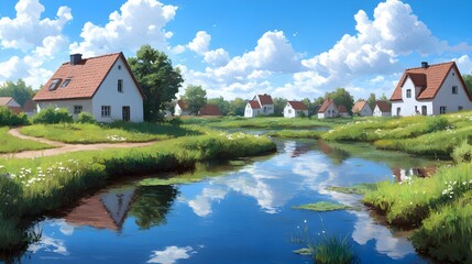 Obraz premium Morning Serenity, a modern watercolor scene capturing the tranquility of dawn with soft hues blending into a peaceful landscape.