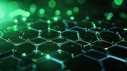 Fototapeta premium Abstract representation of interconnected hexagonal structures with glowing green elements.