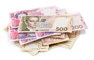 Ukrainian money Hryvnia banknote of 500, 200 and 100 value isolated on white. clipping path