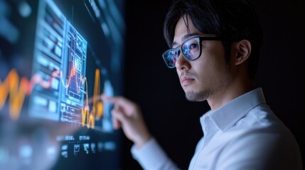 A focused professional analyzing data on a digital screen, showcasing modern technology and data visualization.