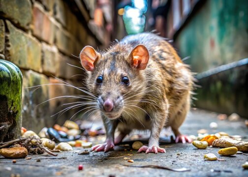 A distressed, dirty, and scrawny street rat with matted fur and beady eyes scavenges for food in a grimy, litter-filled urban alleyway.