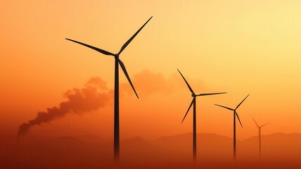 Fototapeta premium Wind turbines in motion, set against a hazy, smog-filled sky, illustrating the contrast of clean energy and carbon pollution