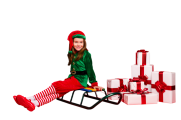 Portrait of her she nice attractive cheerful peaceful confident pre-elf girl Santa Claus look outfit sitting on sled fairy miracle isolated over bright vivid shine red background