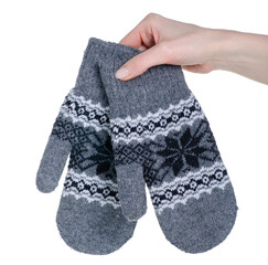 Male warm mittens in hand isolation