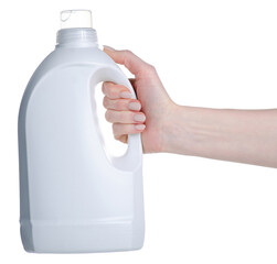 White bottle laundry gel in hand isolation