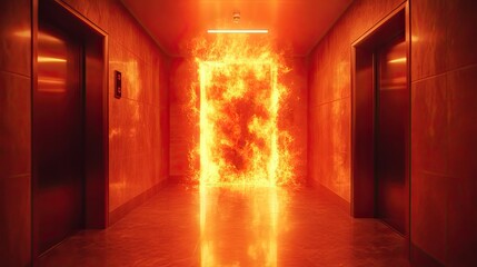 Bursting flames from an elevator creating an intense fire scene