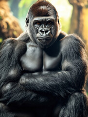 Gorilla Sitting Quietly in a Dense Jungle with a Calm Expression

