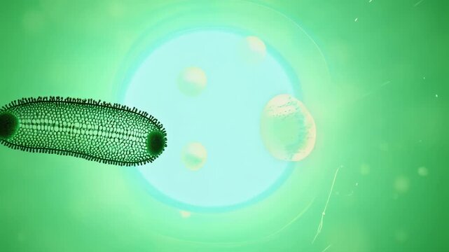 Bacterial cell undergoing binary fission on a bright green background, zooming out to reveal two identical daughter cells in a petri dish illuminated by back light