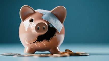 A shattered piggy bank patched with a bandage and scattered coins on the surface, symbolizing financial hardships, resilience, and the importance of savings in tough times.
