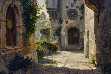 Fototapeta premium Medieval Stone Courtyard with Ivy and Flowers