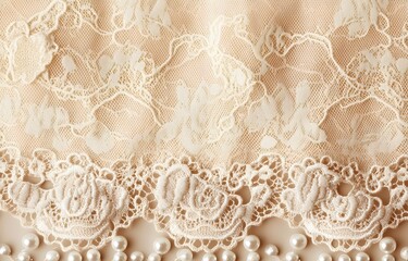 Beige Lace Fabric with Pearls Border