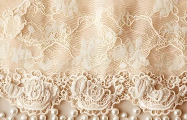 Beige Lace Fabric with Pearls Border