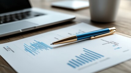 A pen rests on a business document featuring blue charts next to an open laptop, illustrating concepts of analysis, business planning, and financial management.