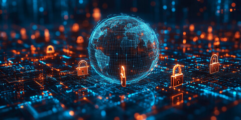 Fototapeta premium image features 3D wireframe globe surrounded by padlocks, symbolizing global cybersecurity and data protection. vibrant blue and orange colors create futuristic atmosphere, emphasizing importance of