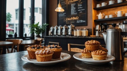 Coffee shop with pastries and mugs on counter background