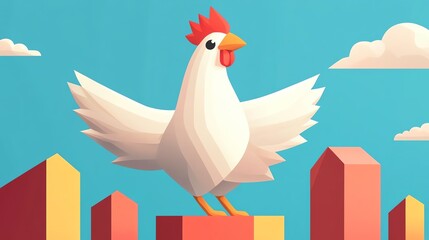 A whimsical, cartoon-style illustration of a chicken standing proudly on colorful geometric shapes against a bright blue sky, creating a playful and vibrant scene.