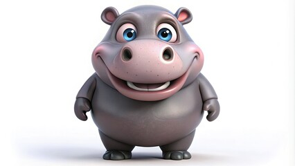 Adorable chubby hippo cartoon character with big smile, bright eyes, and rounded ears, standing on its legs in a playful and friendly pose.