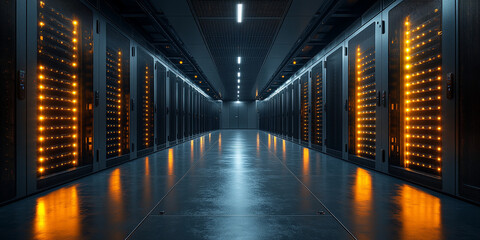 sleek and modern server rack room illuminated by warm orange lights creates high tech atmosphere. organized rows of servers reflect sense of efficiency and innovation