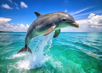 Adorable dolphin leaps out of turquoise ocean water, its sleek gray body glistening in sunlight, playful fin wagging, and innocent eyes sparkling with joyful curiosity.