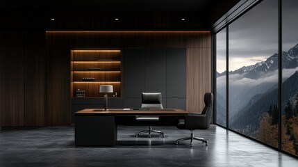A sleek and modern office with sophisticated furniture which includes a large desk, an ergonomic chair, a stylish cabinet, and a breathtaking view of snow-capped mountains.