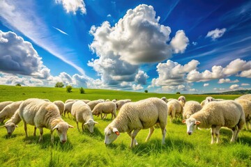 Obraz premium Adorable flock of fluffy white sheep grazing peacefully in a lush green meadow under a bright blue sky with wispy white clouds.