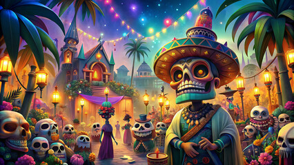 Obraz premium Skeleton mariachi character standing in colorful decorated street night celebration