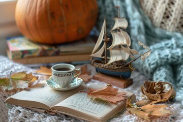 Fototapeta premium Columbus Day Coffee Table Scene with Book, Hot Coffee, Autumn Leaves, and Ship Decoration