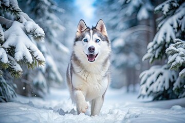 Naklejka premium Adorable fluffy white and gray Husky dog with piercing blue eyes and wagging tail runs freely in a serene winter landscape with snow-covered trees.