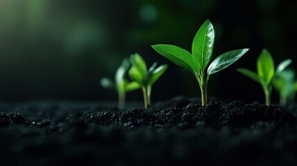 Naklejka premium New green plants growing from dark, nutrient-rich soil, symbolizing the concepts of growth, nature, sustainability, and new beginnings in an environmental context.