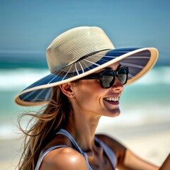 Fototapeta premium Beach Solar Hat. Smiling woman wearing wide-brimmed hat with solar panel brim at sunny beach. Turquoise ocean and blue sky visible in background.