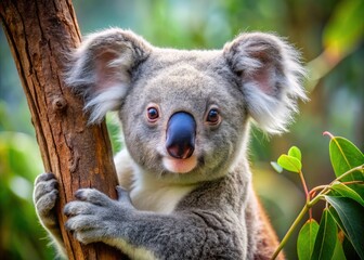 Fototapeta premium Adorable grey and white koala bear clings to a eucalyptus tree branch, gazing sweetly with large round eyes and fluffy ears in a serene setting.