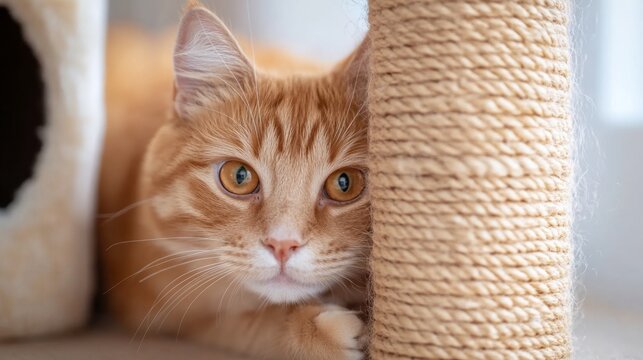 A playful ginger cat engages with a sisal toy, showcasing its curiosity and energy. The warm ambiance of the cozy home adds charm to this delightful moment of feline fun.