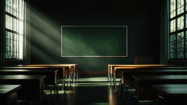 An empty classroom bathed in sunlight streaming through large windows, highlighting desks and a blackboard, creating a serene, clean, and academic atmosphere.