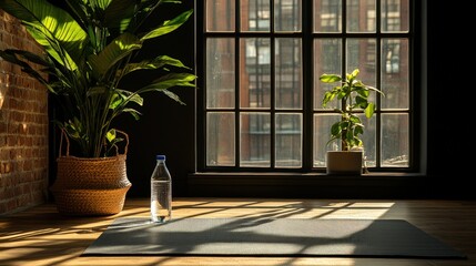 Fototapeta premium An inviting urban yoga space featuring a textured mat, large windows that flood in warm light, potted plants, and a water bottle, offering a serene and refreshing environment.