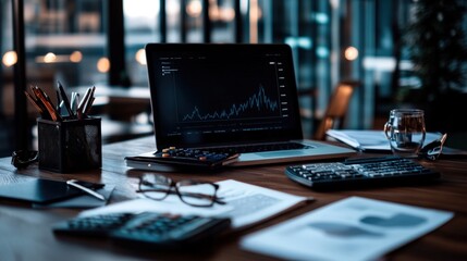 A laptop displaying financial charts on a desk in a modern office with various items, symbolizing business, finance, and productivity in a contemporary workplace.