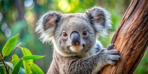 Obraz premium Adorable koala bear with fluffy gray fur and big round ears clings to a eucalyptus tree branch, gazing cute and innocent in a serene forest setting.