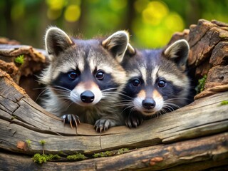 Adorable masked raccoons playfully snuggle and peek out from behind a fallen log, their curious eyes and tiny paws capturing the essence of woodland charm.