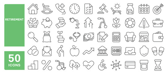 Set of 50 line icons related to retirement, retired, plan, care, money, profit, investment, finance, personal, manage, wealth, income, Editable stroke. Vector illustration