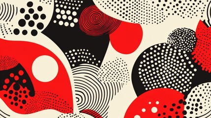 This striking pattern features a fusion of red and black abstract shapes, characterized by halftone art and intricate dotwork. Perfect for modern textile prints and wallpaper.