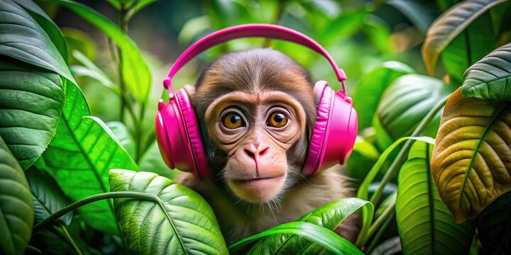 Adorable monkey peeking out from behind a pair of oversized, bright pink headphones, surrounded by lush green foliage in a whimsical jungle setting.