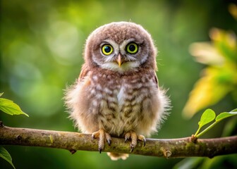 Adorable owlet perches on a branch, big round eyes shining bright, fluffy feathers puffed out, tiny talons grasping, radiating innocence and curious charm.