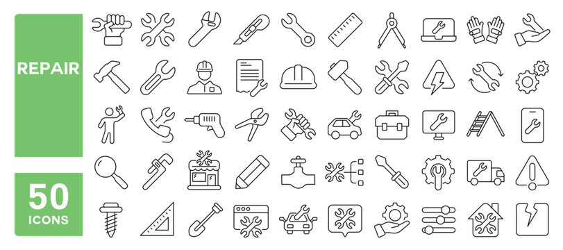 Set of 50 line icons related to repair, maintenance, restore, wrench, tools, support, recovery, check, labor, configuration, fix, Editable stroke. Vector illustration