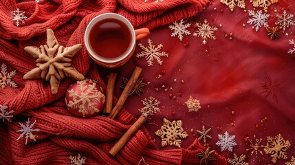 Cozy winter scene with tea, snowflakes, and cinnamon sticks. Perfect for holiday-themed designs, showcasing winter warmth and festive cheer.